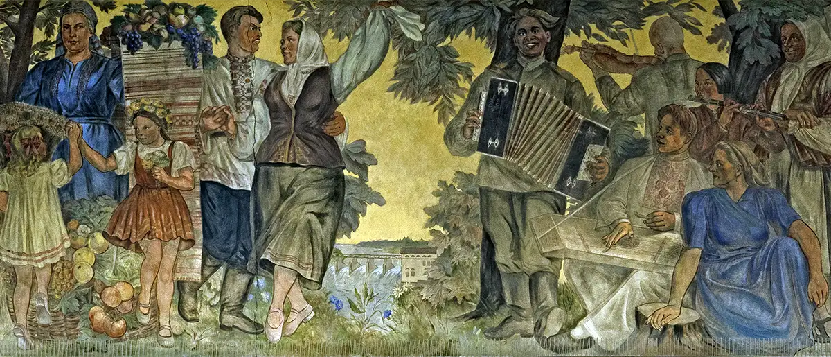 Wandbild mit tanzenden und musizierenden Menschen